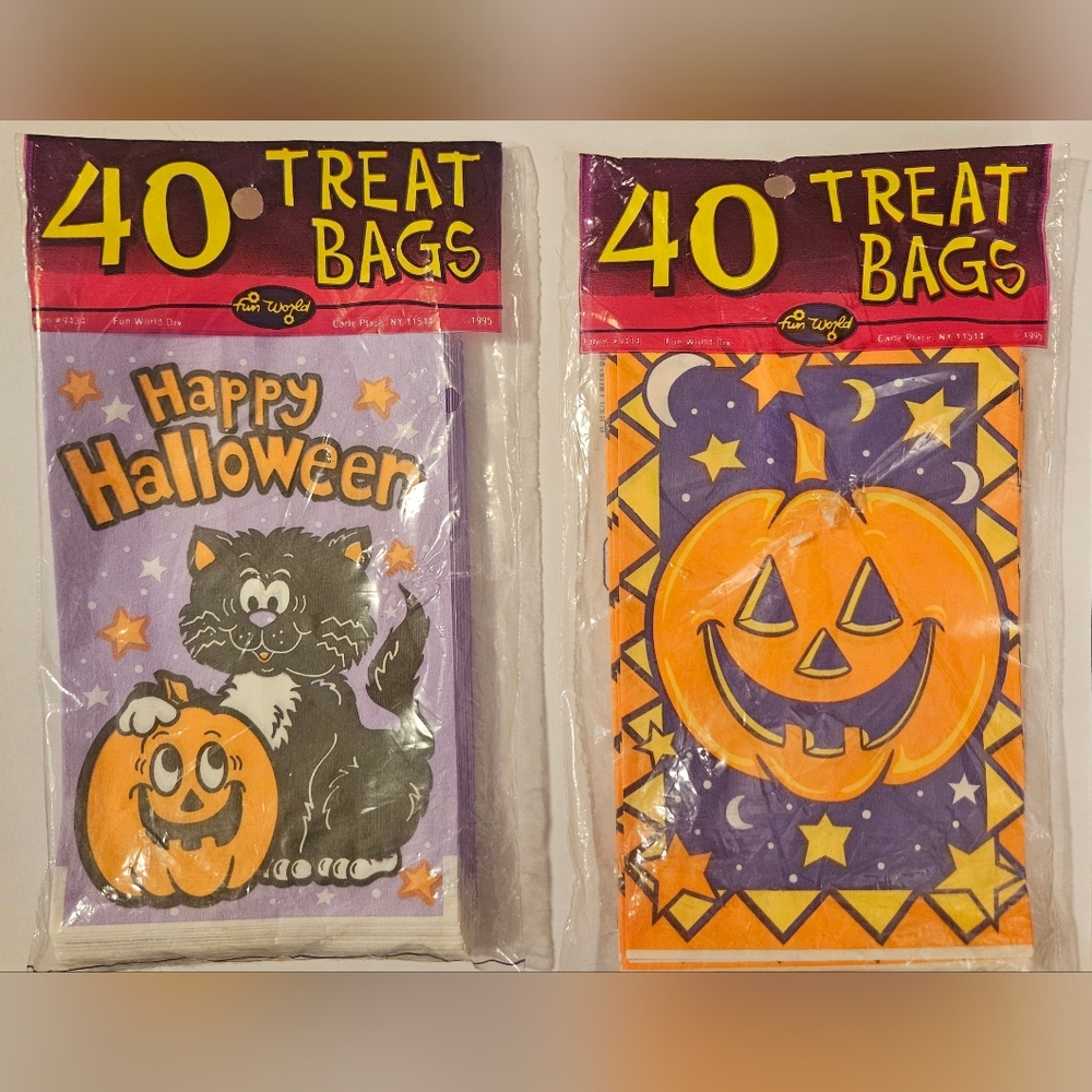 Vintage Halloween 1995 Trick Or Treat Goodie Bags Lot 2 Sets Of 40 Cat Pumpkin